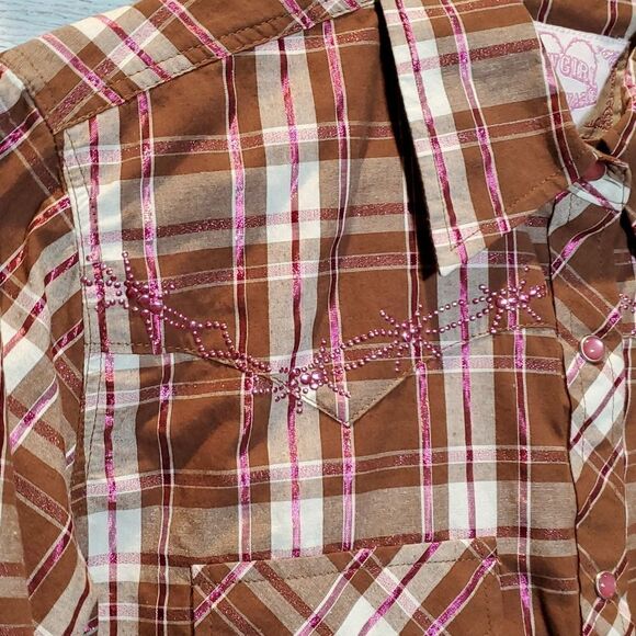 Cowgirl Hardware Sz S Brown Pink Metallic Plaid Studded Pearl Snap Western Shirt - Picture 3 of 9